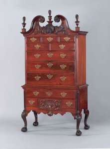 Philadelphia Queen Anne transitional carved mahogany scroll top high chest of drawers, ca. 1755 (Lot 417) at Pook & Pook