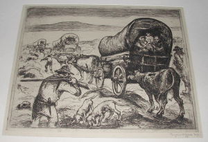 One of the more than 200 etchings offered on eBay (180390114270), similar to "Pioneers Resting"