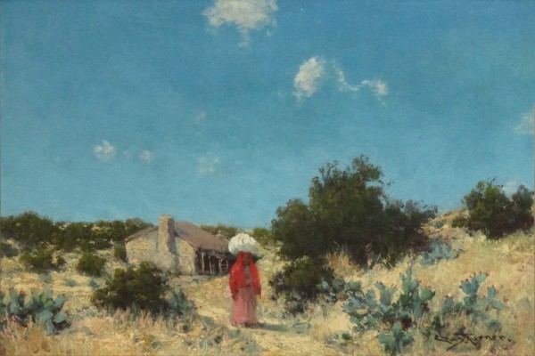 Julian Onderdonk, signed Chas. Turner, untitled (Mexican Woman with Jacal), n.d. (ca. 1905), 8 X 12", oil on canvas. Julian painted a number of scenes like this with Hispanic women, a jacal or rural dwelling, the Juniper and cacti, often the scenes were in the abandon quarry to the north of his family home.