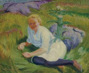 John Sloan (1871-1951) Child and Thistle In Sun signed '--John Sloan' (lower left)--inscribed 'Child & Thistle' and 'G6' (along the right tacking edge) oil on canvas 20 x 24 in. (50.8 x 61 cm.) Painted in 1916.  PROPERTY FROM THE ESTATE OF HELEN FARR SLOAN JOHN SLOAN TRUST, SOLD TO THE BENEFIT THE DELAWARE ART MUSEUM 