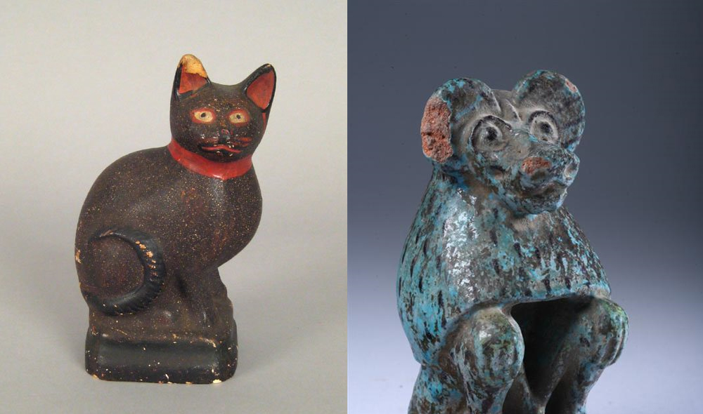 Chalk Figure of a Cat offered at Pook  & Pook (left), Egyptian Turquoise Faience Figure of a Baboon  at Sloans and Kenyon (right)