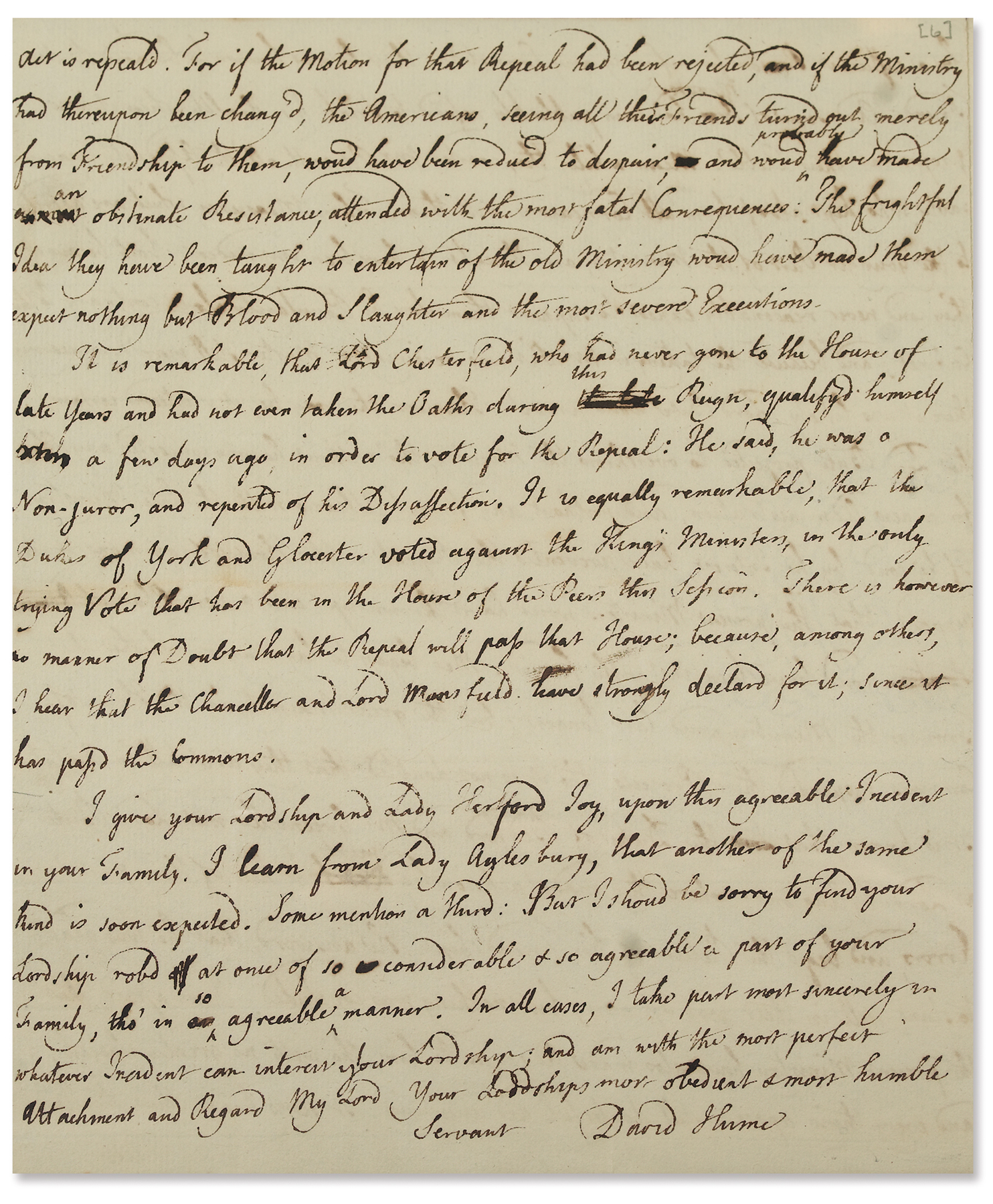 Swann Handwritten letter signed by David Hume to the Ambassador of Great Britian to France, the Earl of Hertford, discussing the repeal of the Stamp Act, 27 February 1766.