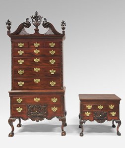 Left: High Chest of Drawers, 1765-75. American, Late Baroque with Rococo carving, Mahogany, yellow poplar, white cedar, yellow pine; brass.8 feet 3/4 inches x 46 1/2 x 25 3/4 inches (245.7 x 118.1 x 65.4 cm). Philadelphia Museum of Art, Gift of Mrs. Henry V. Greenough, 1957 Right: Dressing Table, 1765-75. American, Late Baroque with Rococo carving, Mahogany, yellow poplar, white cedar, yellow pine; brass. Height: 29 7/8 inches (75.9 cm), Width: 35 inches (88.9 cm), Depth: 23 1/4 inches (59