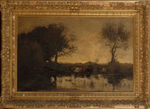 Theophile DeBock, "Cattle by the Pool at Sunset", Deaccessioned from the Brooklyn Museum