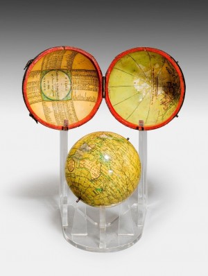 Thomas Coulborn & Sons Ltd. This Terrestial Pocket Globe and Case was made by John Cary and William Cary of London, and shows the world as it was known in 1791. The spherical case is made of wood covered externally with black sharkskin.