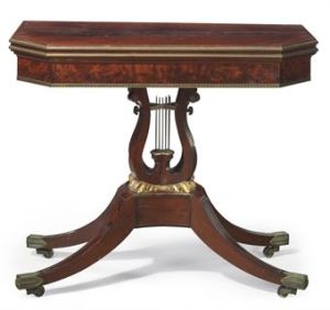  A Federal Parcel-Gilt and Brass Inlaid Mahogany Swivel-top Card Table ATTRIBUTED TO CHARLES HONORÉ LANNUIER was sold for $27,500 at Christie's