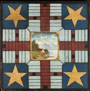 James & Nancy Glazer. Game board. Circa 1890. New England. Intricate geometric designs surround a central landscape painting on this Parcheesi game board. (PRNewsFoto/Winter Antiques Show) James & Nancy Glazer. Game board. Circa 1890. New England. Intricate geometric designs surround a central landscape painting on this Parcheesi game board. (PRNewsFoto/Winter Antiques Show)