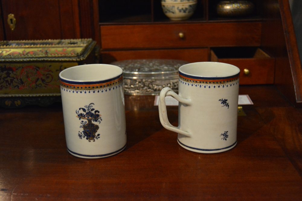 Chinese Export Porcelain cups with entwined handles. Offered by TK Asian, Williamsburg, VA
