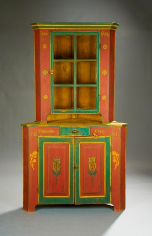 Kelly Kinzle. This brilliantly decorated Cornercupboard was made in York County, Pennsylvania in 1863 and is in outstanding condition. There is a complete family history detailing the provenance of the piece.